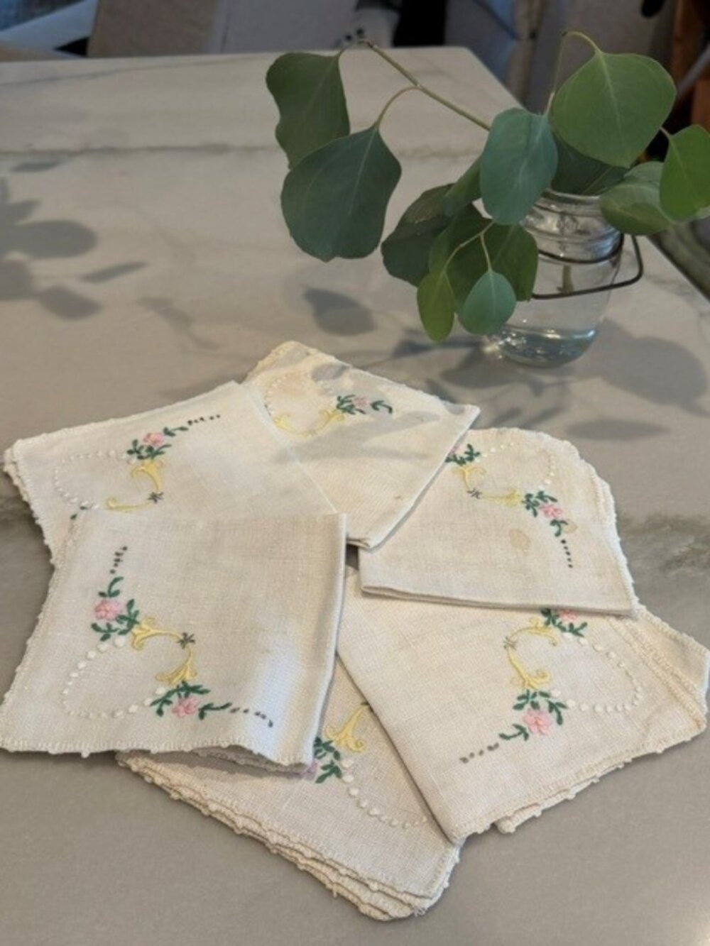 Vintage Floral Embroidered Cocktail Napkins Set of 6 Ivory Pink Green Yellow